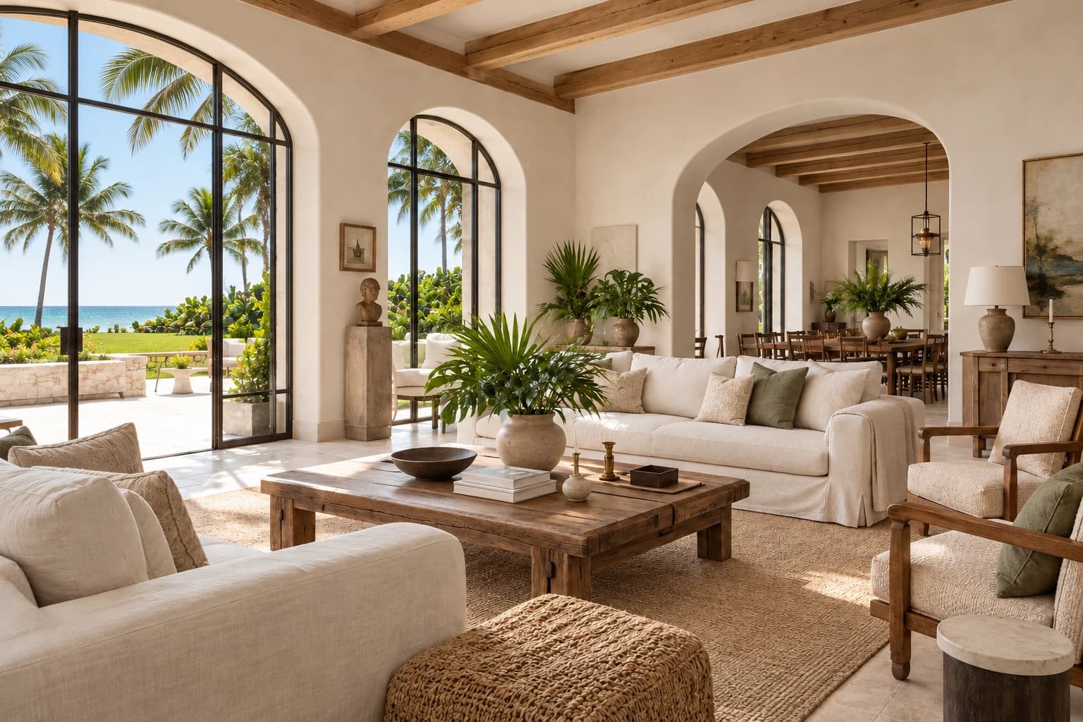 A light-filled coastal interior with natural oak, linen seating, and palms beyond arched windows