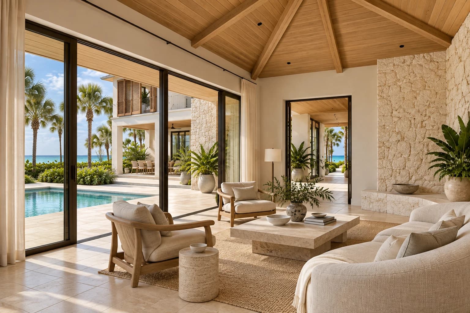 A coastal pavilion living room with a sloping timber ceiling, a shell-stone feature wall, sculptural linen seating, and bronze doors opening toward the pool