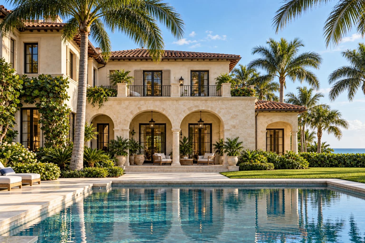 A palm-framed Florida residence and pool with carefully maintained tropical landscaping