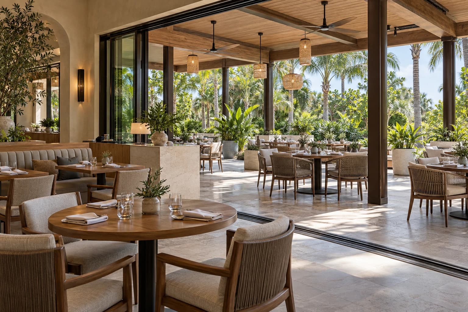 A coastal restaurant dining room opening through wide glazing onto a covered garden terrace