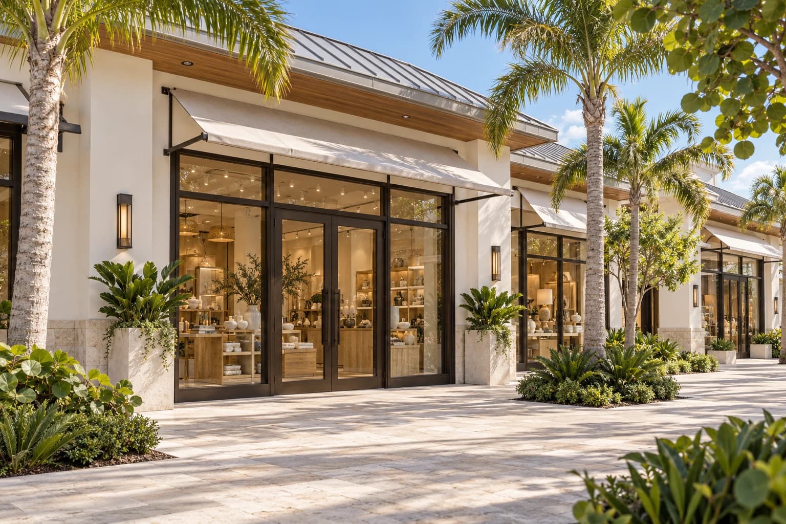 A refined Florida retail promenade with glazed boutique storefronts, shaded walkways, and tropical landscaping