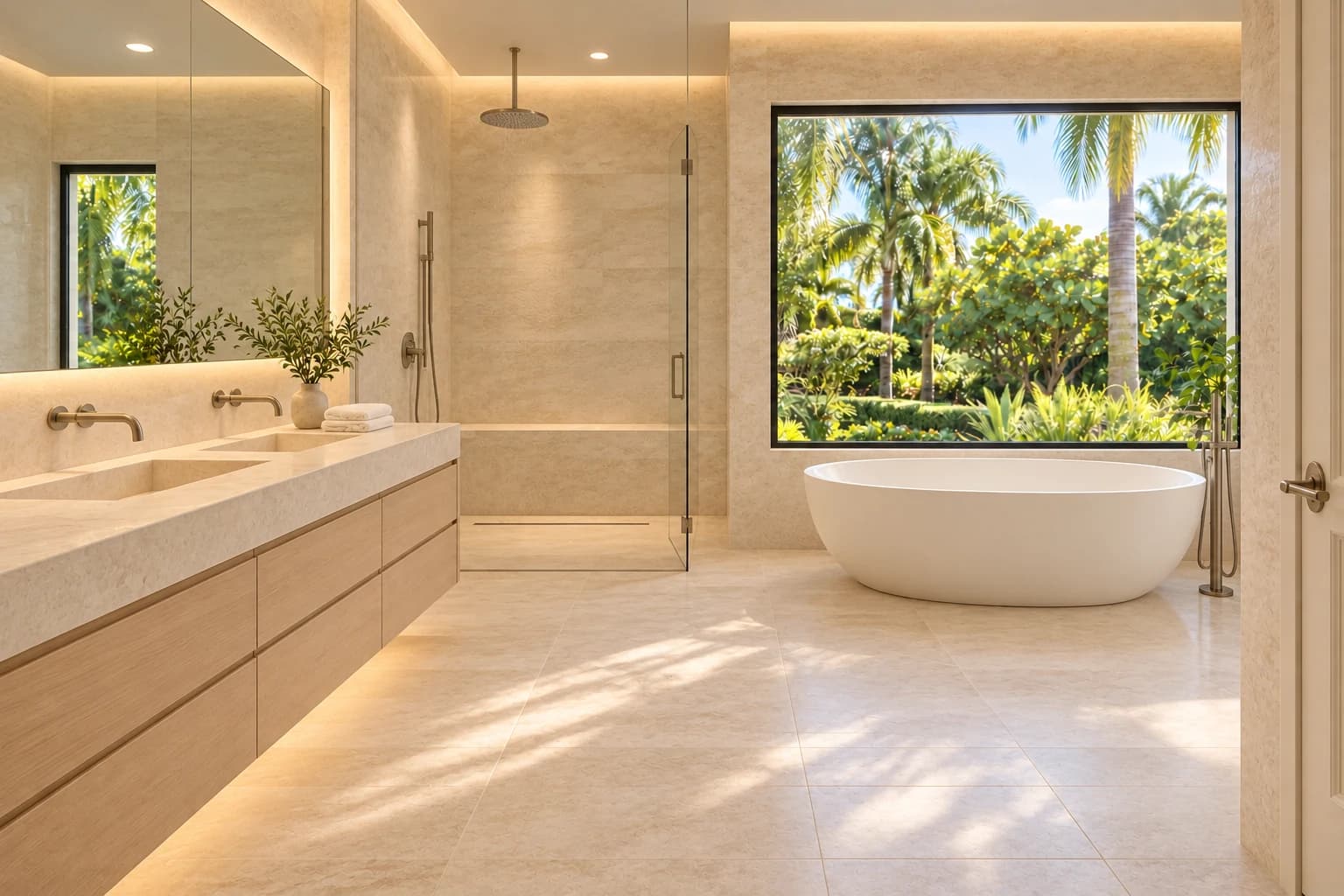 The Garden Bath — After concept: the same bathroom with a floating oak vanity, a freestanding tub, an expanded frameless shower, and pale limestone surfaces