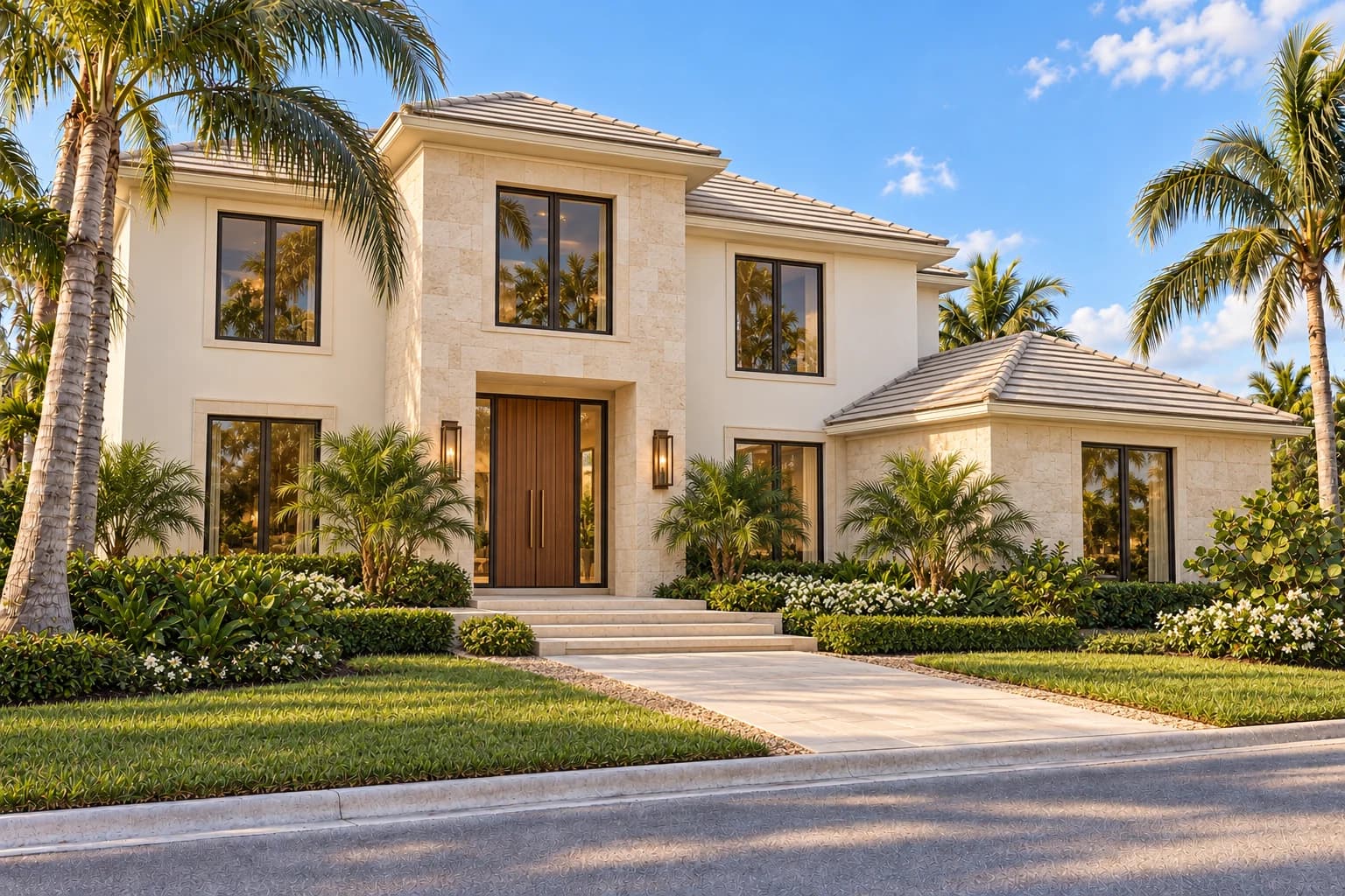 The Palm Residence — After concept: the same residence with a rebuilt limestone entrance, refined bronze openings, generous stone paving, and layered Florida landscaping
