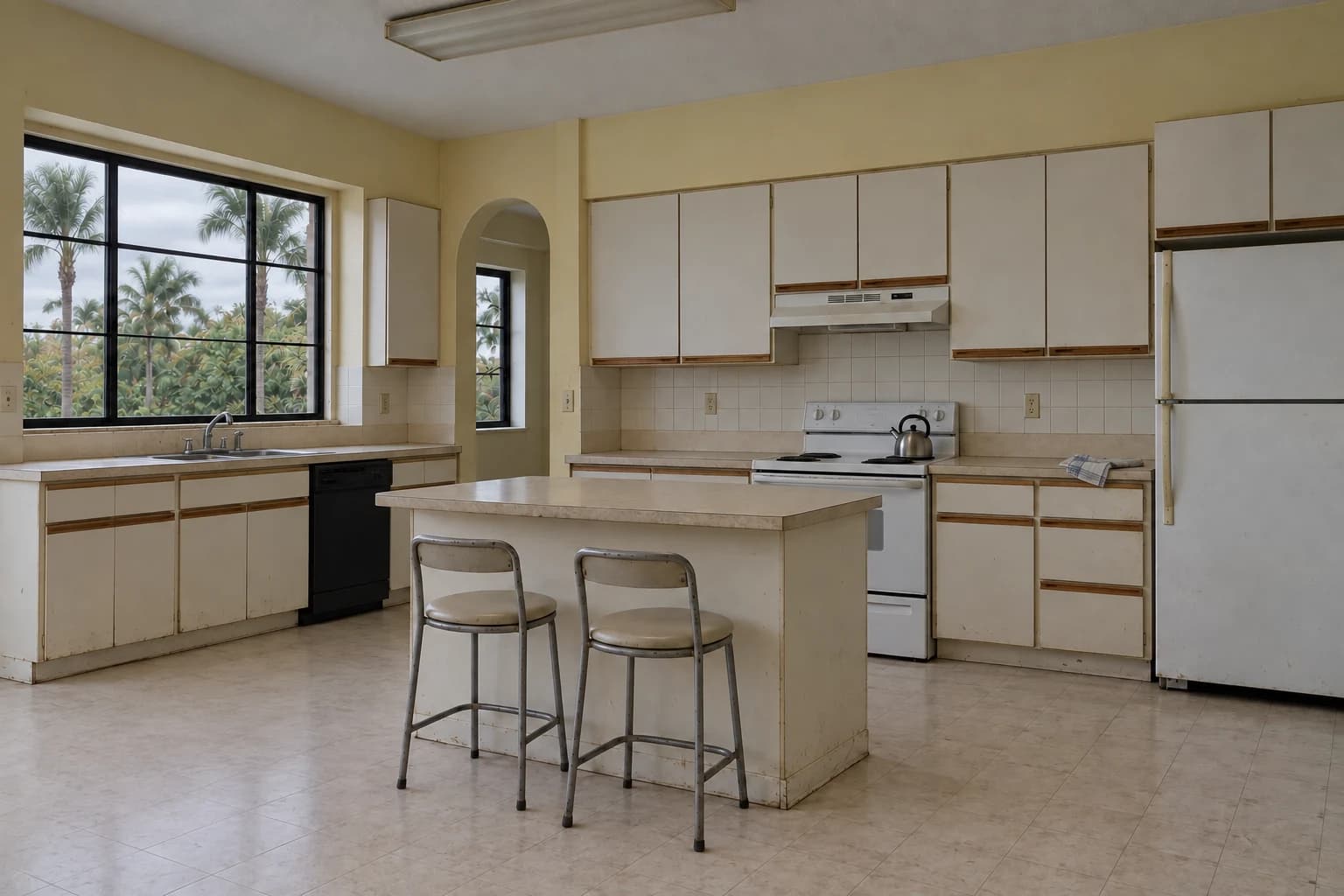 The Limestone Kitchen — Before concept: a modest Naples kitchen with worn laminate cabinets and counters, old white appliances, a small island, and dull flooring on a cloudy day