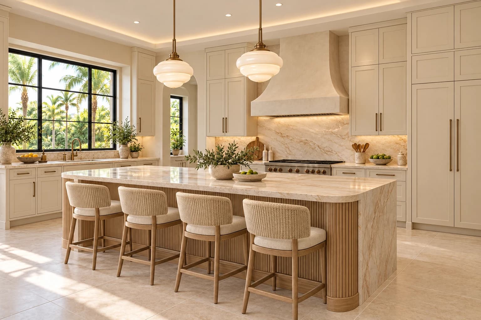 The Limestone Kitchen — After concept: the same kitchen with full-height ivory cabinetry, a large oak and stone island, a sculptural hood, and refined pendant lighting