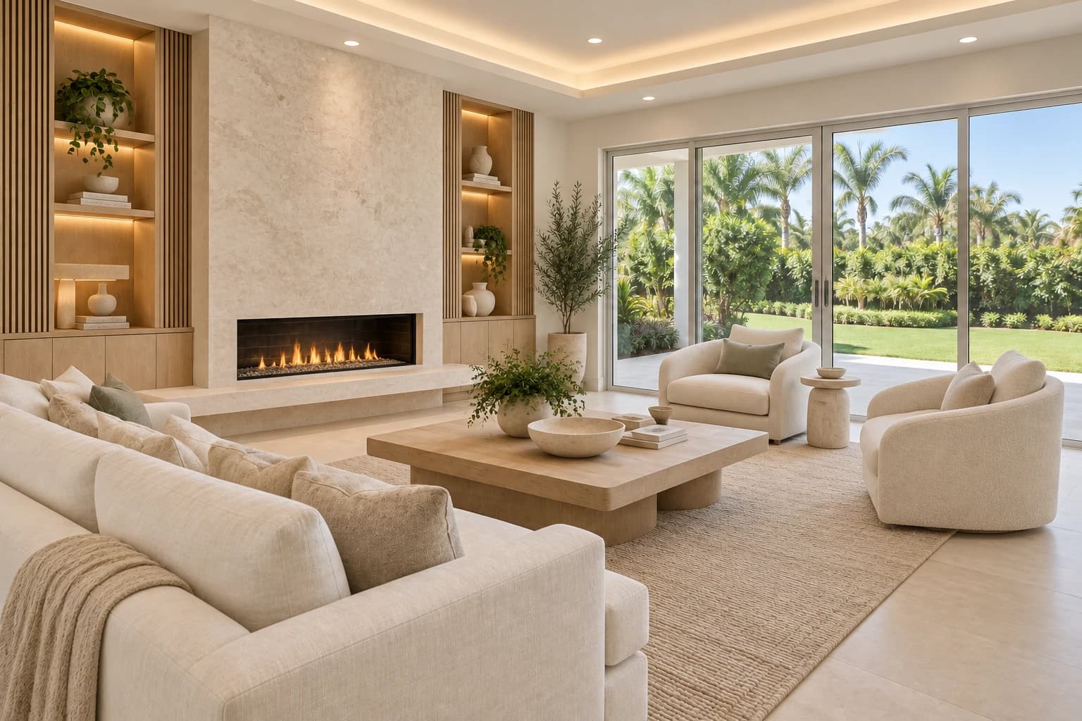 After concept: the same living room with a full-height limestone fireplace, redesigned oak joinery, integrated lighting, and linen seating