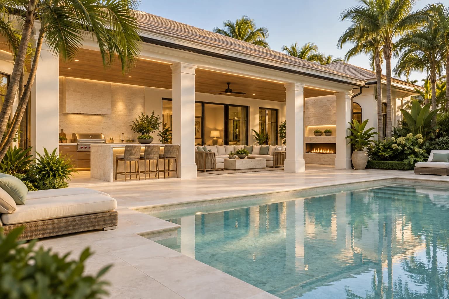 The Palmetto Terrace — After concept: the same pool terrace with a fitted outdoor kitchen and bar, stone fireplace, timber ceiling, and renewed limestone pool deck