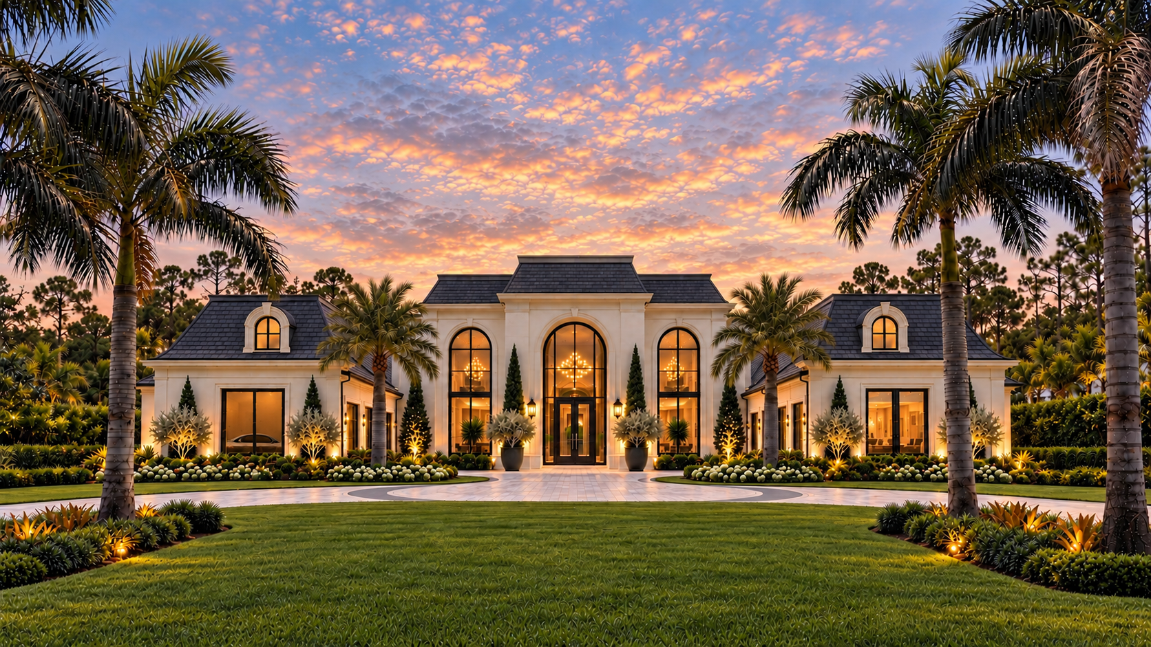 A palm-lined luxury residence with illuminated arched windows beneath a sunset sky